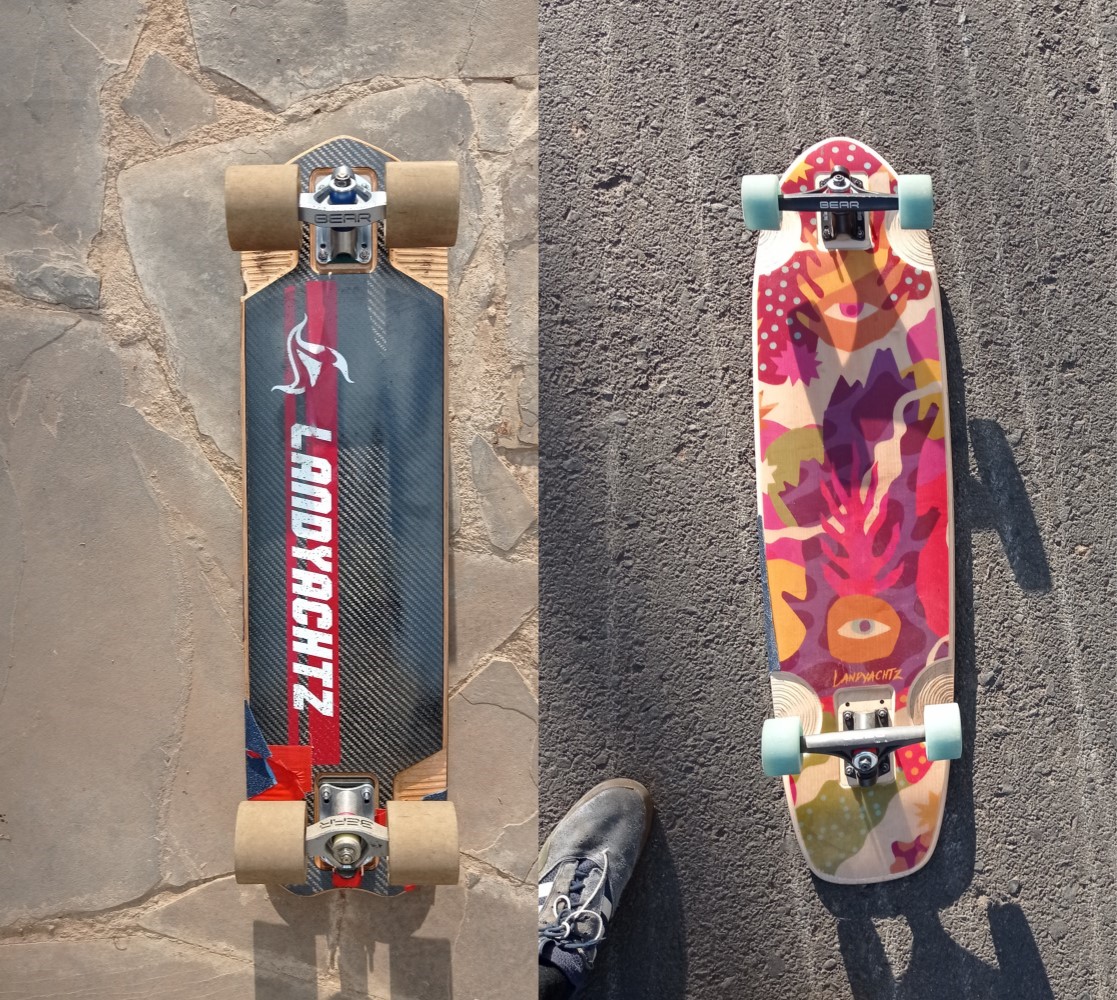 Race vs freeriding longboard. Image features two longboards